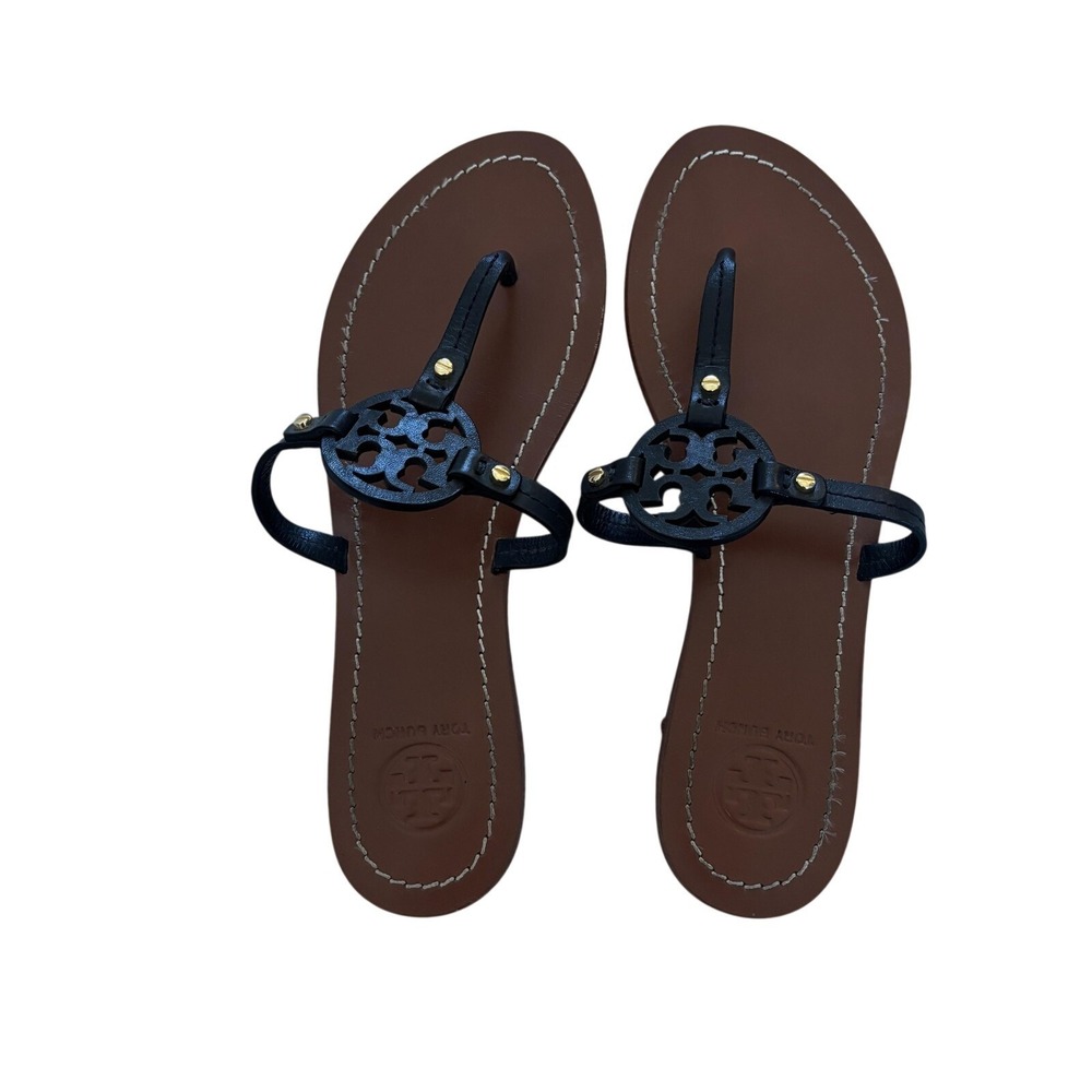 Tory Tory Burch Mini Miller Leather Thong Sandal Shoes 6.5 Black Logo Preppy